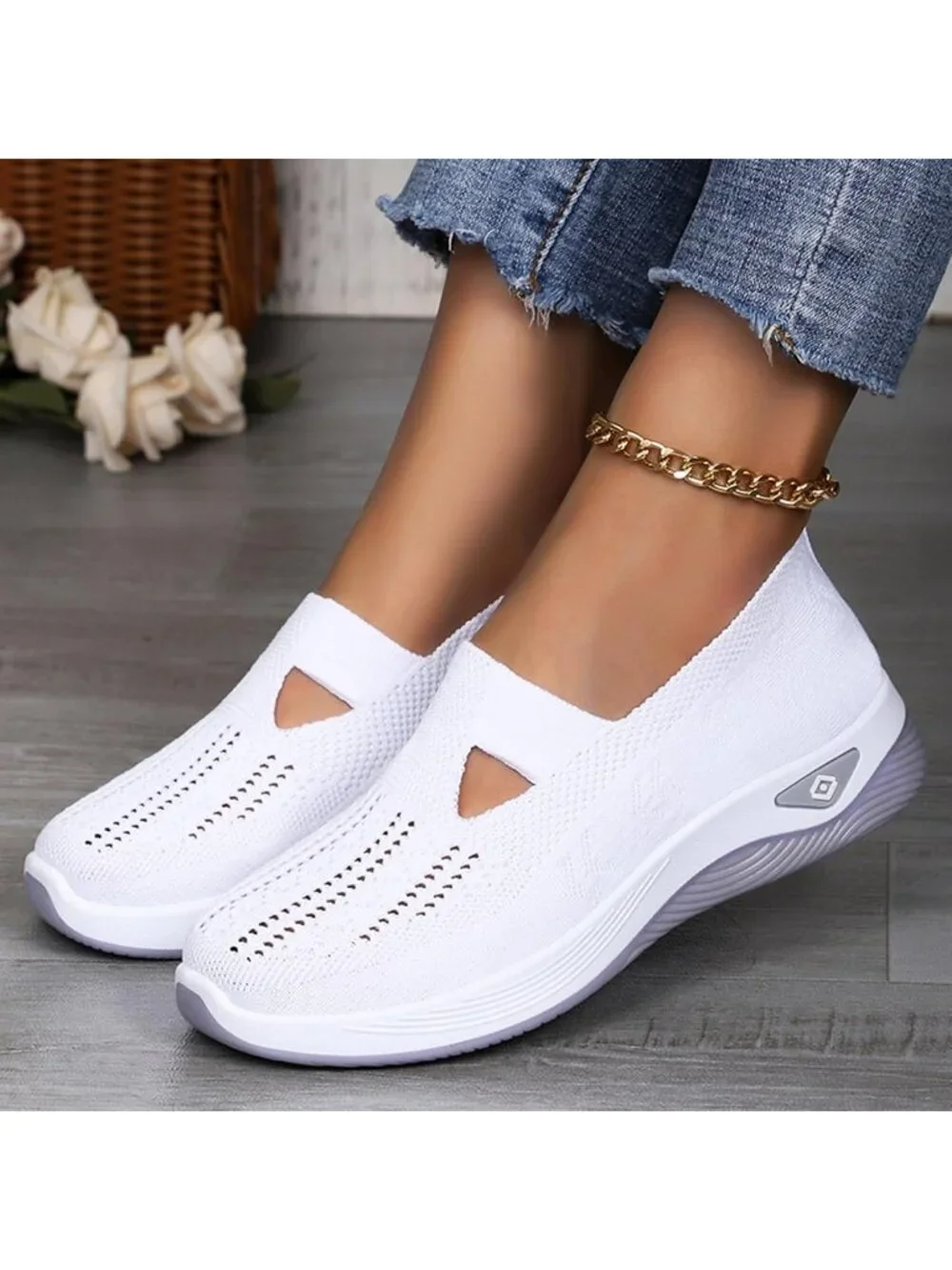 Women's White Woven Lightweight Non-Slip Arch Support Breathable Walking Shoes - Picture 2 of 6